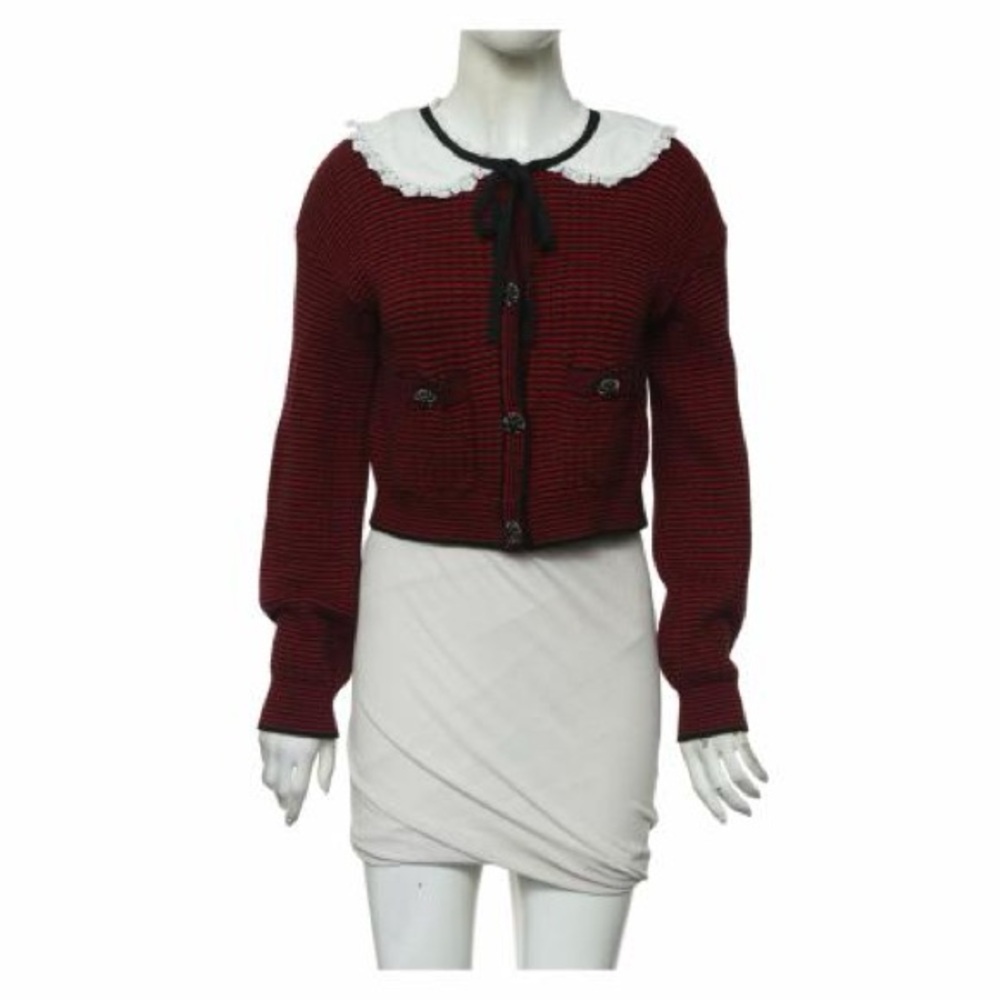 NWT Self-Portrait Red and Black Striped Sweater with White Collar
